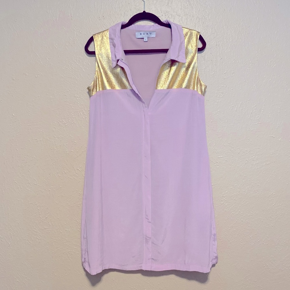 BURU Soft Lavender Pink and Gold Zip Up Dress with Pockets sz S